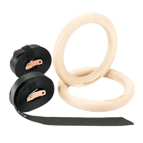MuscleForge Gymnastic Rings, Anillas de gimnasia de madera, Anillas gimnasia con 2 correas de sujeción, Olympic rings para calistenia, ejercicios de peso corporal | Anillas de gimnasia para Crossfit y musculación