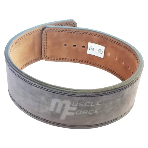 MuscleForge® Cintura da Powerlifting in pelle con fibbia in acciaio, Cintura per sollevamento pesi, per fitness, allenamento della forza, bodybuilding - spessore 12mm, larghezza 10cm, taglia S/L/M