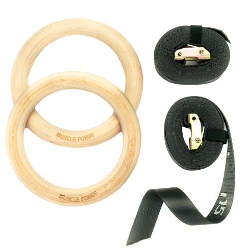 MuscleForge Ringe Turnen, Turnringe aus Holz, Gymnastic Rings mit 2 Befestigungsriemen, Gym Rings für Calisthenics, Body Weight Exercises | Gymnastikringe für Crossfit und Body Building